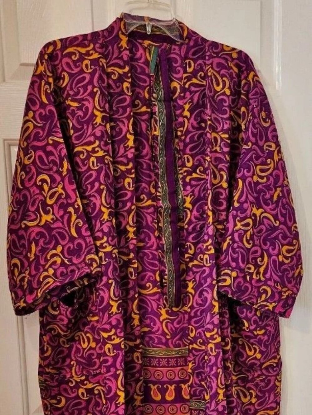 Handmade Women's Art Silk Kimono Robe Paisley Purple Gold One Size w/Tie NEW